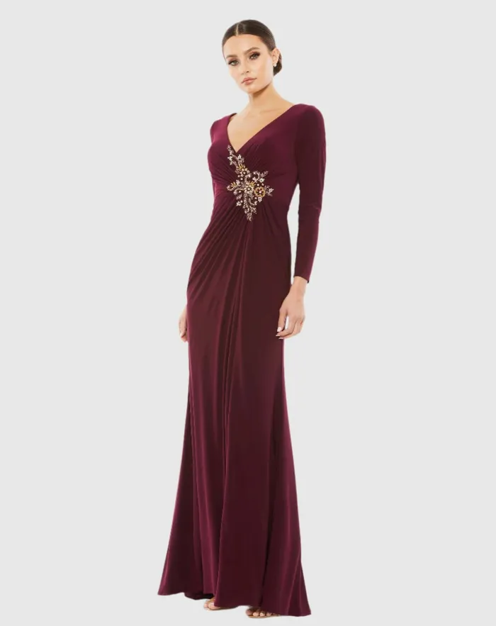 Mac Duggal Best Sellers Women Faux Wrap Long Sleeve Gown w Appliqu Detail Black Mac Duggal Best Sellers Women Faux Wrap Long Sleeve Gown w Appliqu Detail Black
