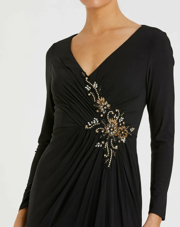 Mac Duggal Best Sellers Women Faux Wrap Long Sleeve Gown w Appliqu Detail Black Mac Duggal Best Sellers Women Faux Wrap Long Sleeve Gown w Appliqu Detail Black