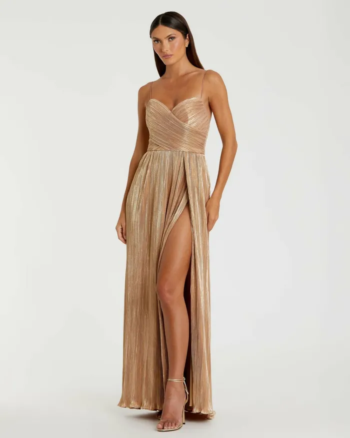 Mac Duggal Best Sellers Women Metallic Ruched A Line Gown Gold