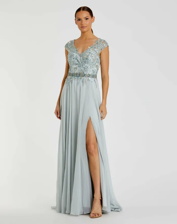 Mac Duggal Embellished Cap Sleeve Bodice Flowy Gown Seamist Women Evening Gowns