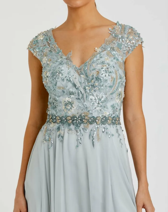 Mac Duggal Embellished Cap Sleeve Bodice Flowy Gown Seamist Women Evening Gowns