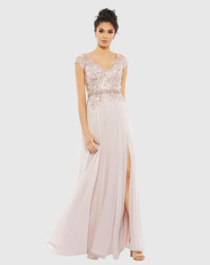 Mac Duggal Embellished Cap Sleeve Bodice Flowy Gown Seamist Women Evening Gowns