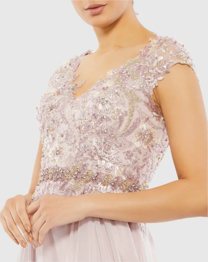 Mac Duggal Embellished Cap Sleeve Bodice Flowy Gown Seamist Women Evening Gowns