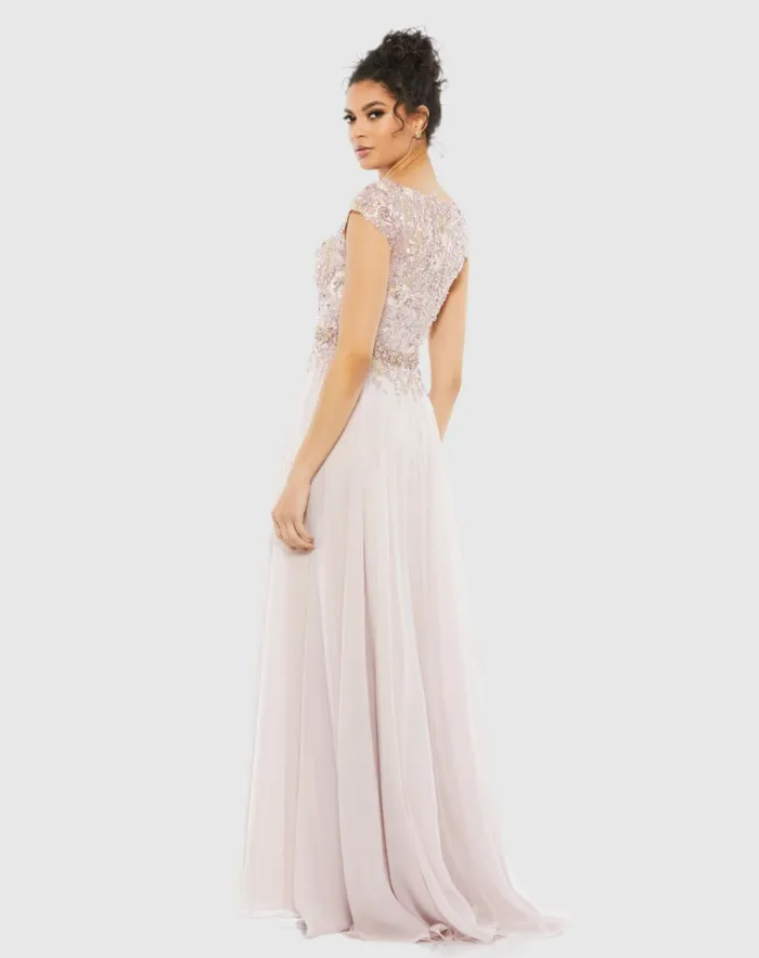 Mac Duggal Embellished Cap Sleeve Bodice Flowy Gown Seamist Women Evening Gowns