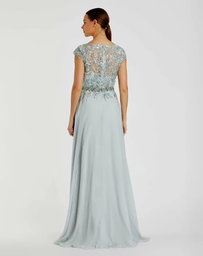 Mac Duggal Embellished Cap Sleeve Bodice Flowy Gown Seamist Women Evening Gowns