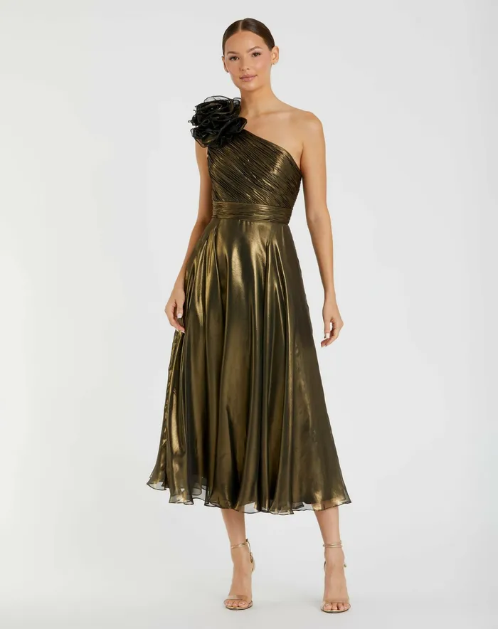 Mac Duggal Gold Rosette One Shoulder Tea Length Dress Antique Gold Women Best Sellers