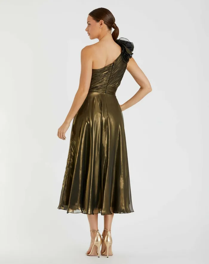 Mac Duggal Gold Rosette One Shoulder Tea Length Dress Antique Gold Women Best Sellers