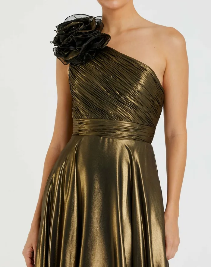 Mac Duggal Gold Rosette One Shoulder Tea Length Dress Antique Gold Women Best Sellers