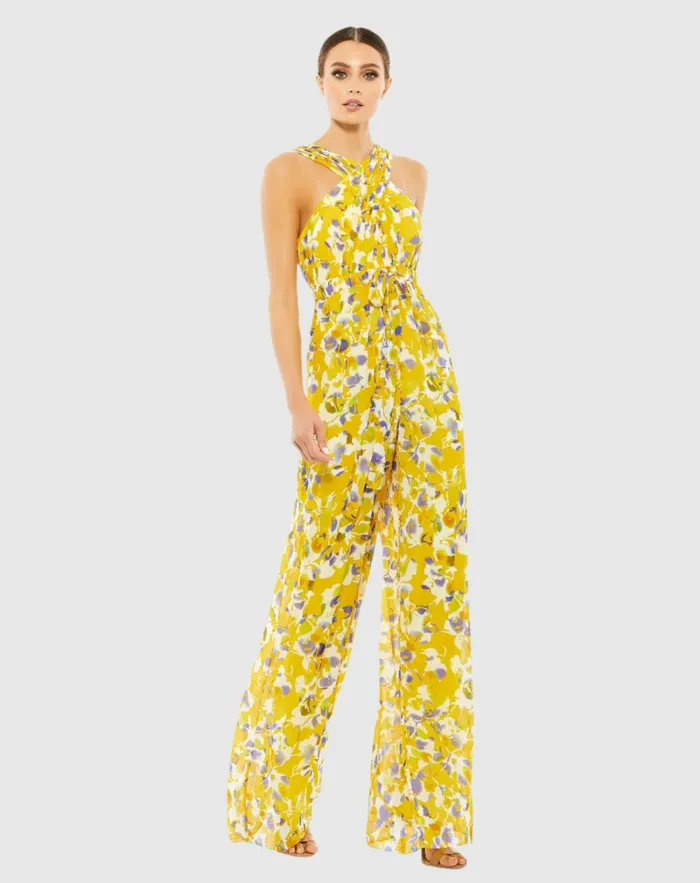 Mac Duggal Jumpsuits and Rompers Women Crossed Halter Tie Waist Jumpsuit YellowMulti