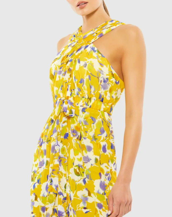 Mac Duggal Jumpsuits and Rompers Women Crossed Halter Tie Waist Jumpsuit YellowMulti