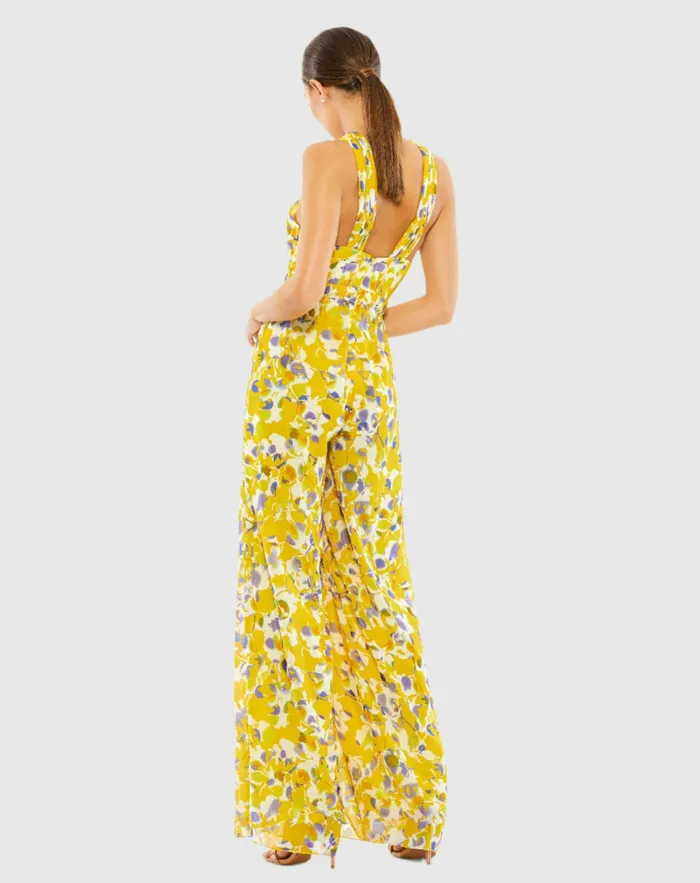 Mac Duggal Jumpsuits and Rompers Women Crossed Halter Tie Waist Jumpsuit YellowMulti