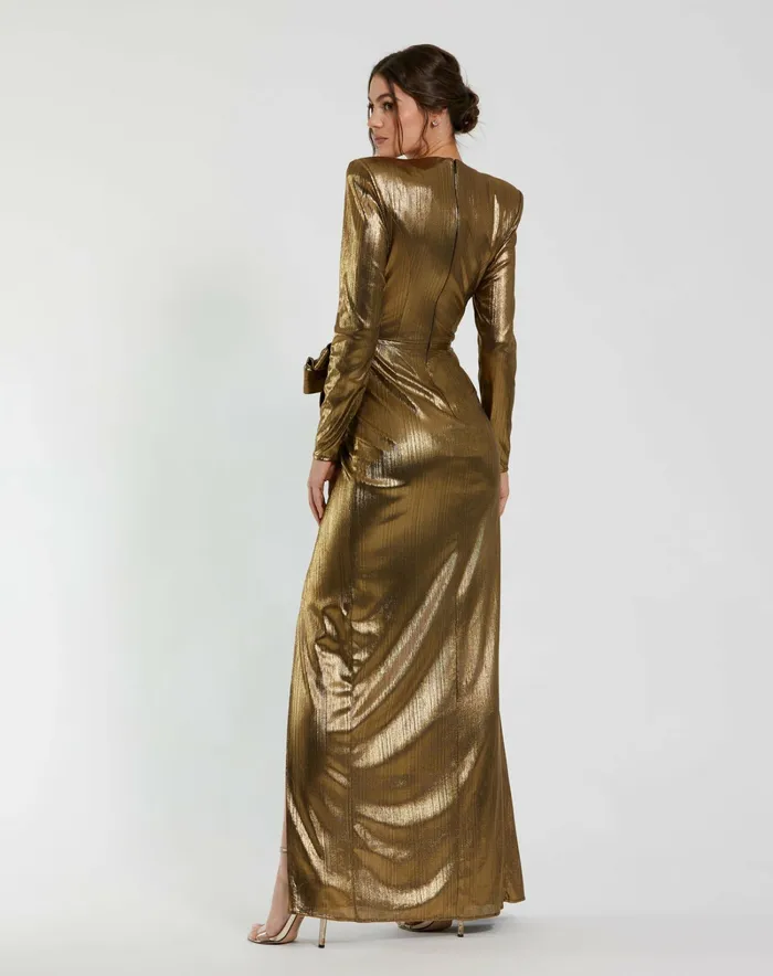 Mac Duggal Metallic Jersey Long Sleeve Gown With Bow Antique Gold Women Best Sellers