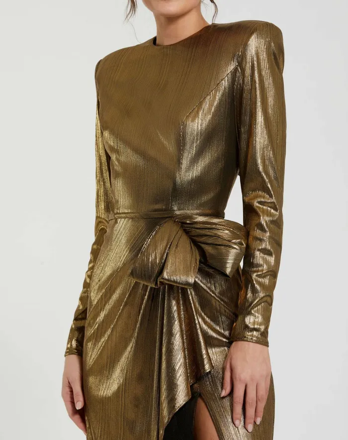 Mac Duggal Metallic Jersey Long Sleeve Gown With Bow Antique Gold Women Best Sellers