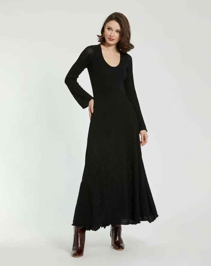 Mac Duggal Scoop Neck Long Sleeve Knit Maxi Dress Black Women Every Day Dresses