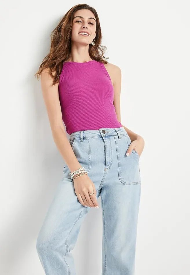 Magenta High Neck Fitted Ribbed Tank Top Women Maurices Tops