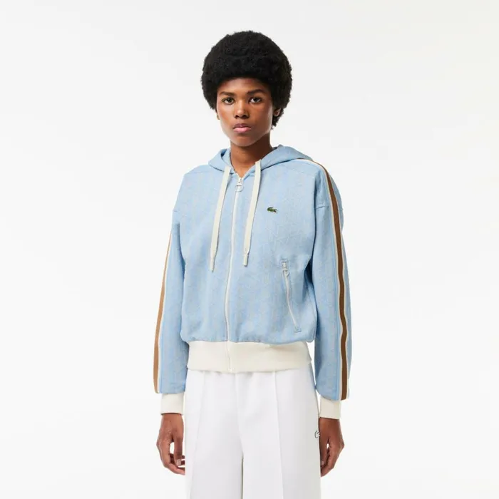 Matching Sets Women Lacoste Women039s Monogram Jacquard ZipUp Hoodie Light Blue White Wb5