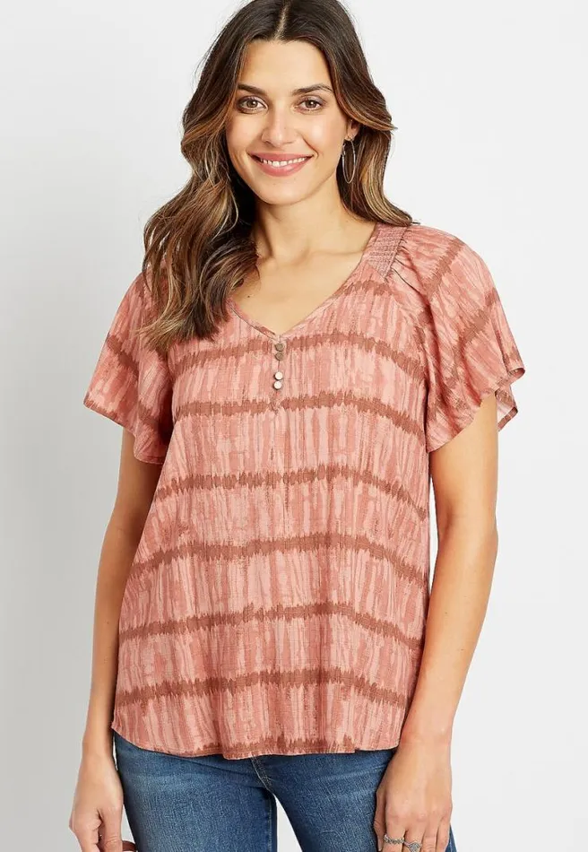 Mauve Tie Dye Flutter Sleeve Button Front Top Women Maurices Tops