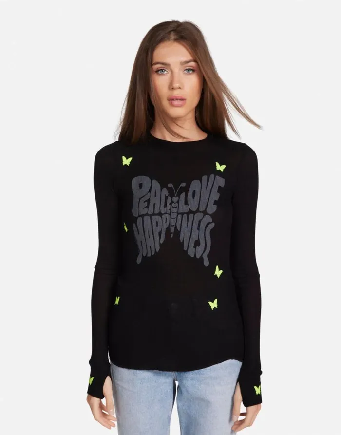 McKinley Neon Peace Love Butterflies Black Women Lauren Moshi Long Sleeve