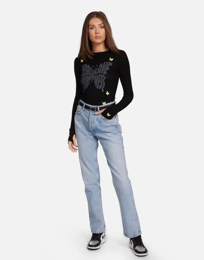 McKinley Neon Peace Love Butterflies Black Women Lauren Moshi Long Sleeve