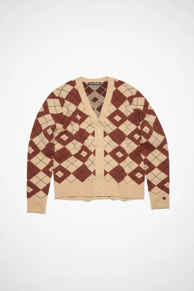 Men Argyle Jacquard Cardigan Biscuit Beigedeep Red Acne Studios Knitwear