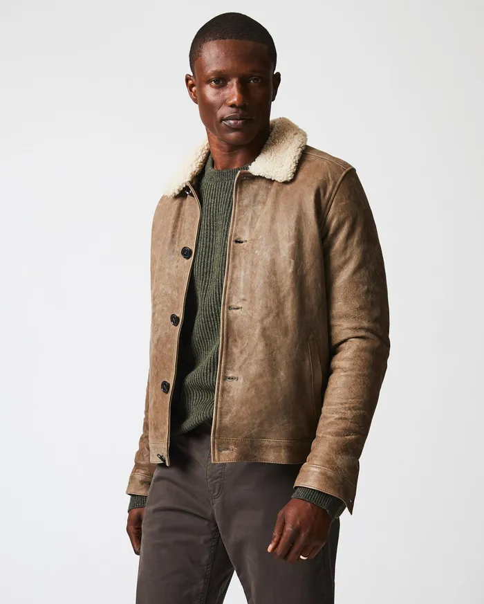 Men Bishop Leather Jacket Taupe Billy Reid Jackets and Outerwear