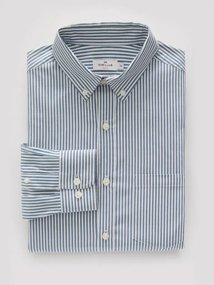 Men Clothing Cyrillus Regular Fit Organic Cotton Stripe Shirt Rayure Verte