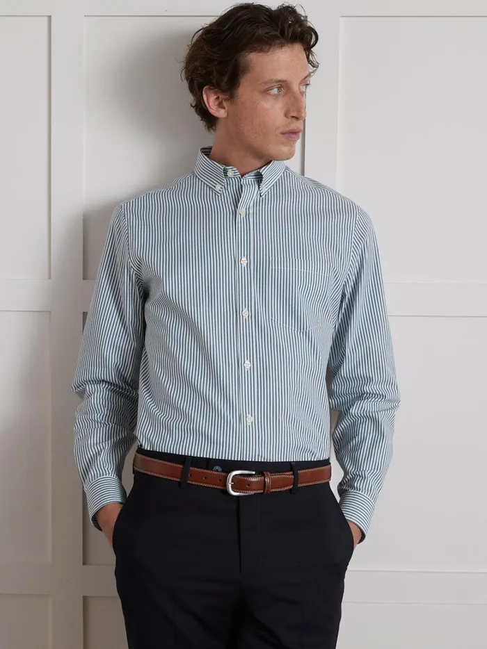 Men Clothing Cyrillus Regular Fit Organic Cotton Stripe Shirt Rayure Verte
