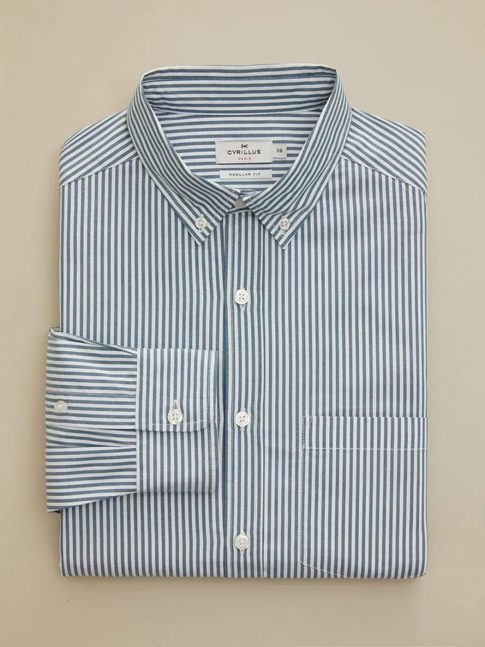 Men Clothing Cyrillus Regular Fit Organic Cotton Stripe Shirt Rayure Verte
