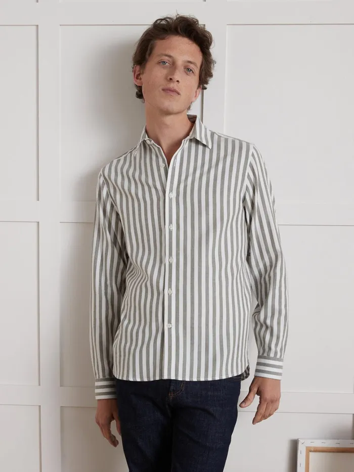 Men Clothing Cyrillus Regular Fit Striped Twill Shirt Rayure Verte