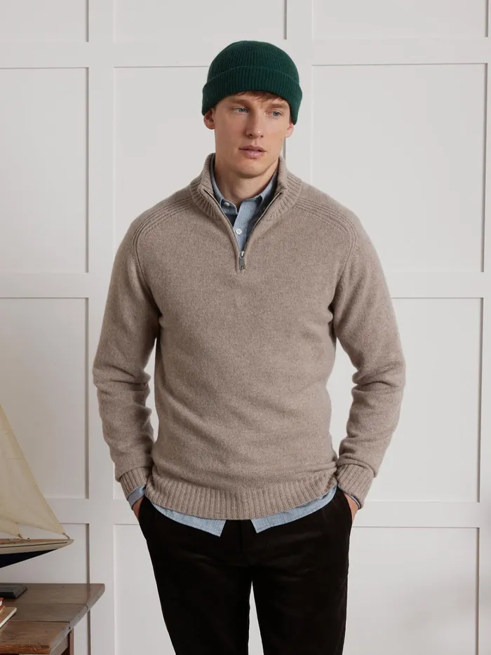 Men Clothing Cyrillus Zip Sweater With High Neckline Taupe Chine