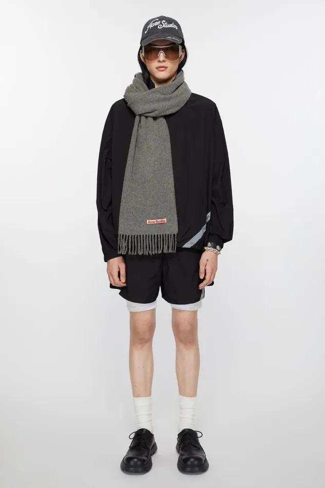 Men Fringe Wool Scarf Narrow Grey Melange Acne Studios Scarves