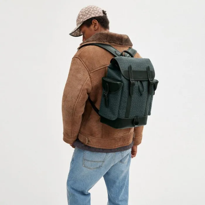 Men Hitch Backpack In Micro Signature Jacquard Amazon Green Coach Backpacks
