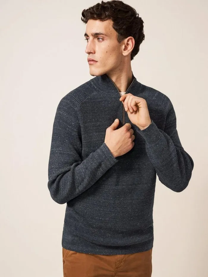 Men KNITWEAR White Stuff Barmouth Zip Neck Jumper Dark Grey Men KNITWEAR White Stuff Barmouth Zip Neck Jumper Dark Grey