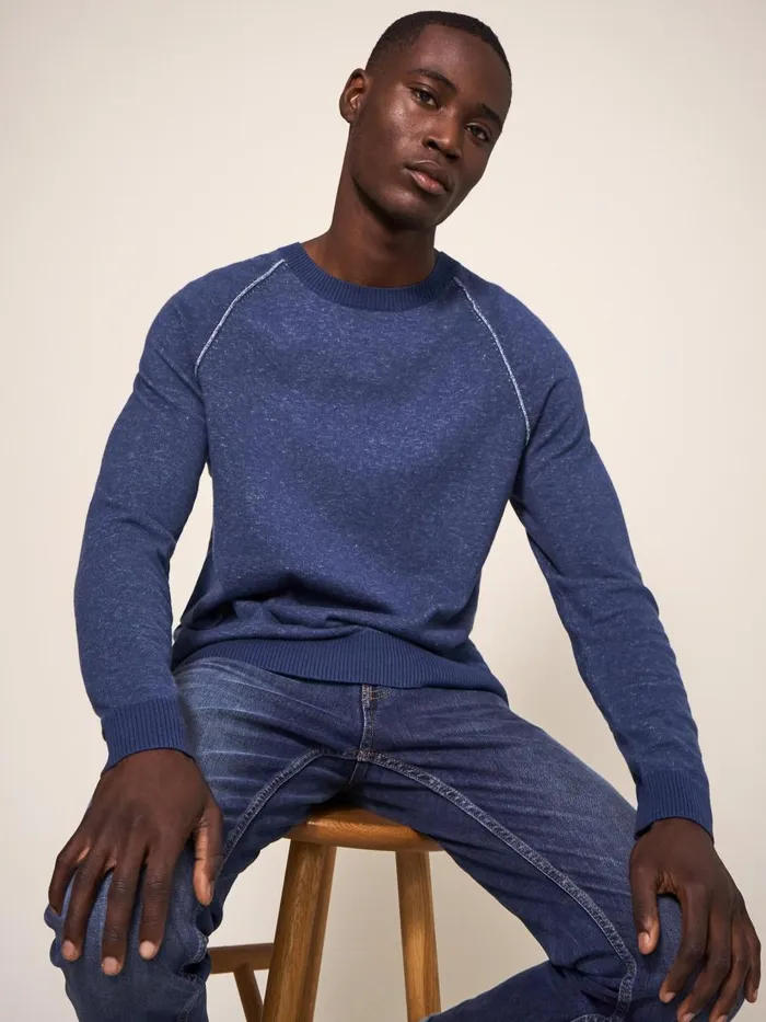 Men KNITWEAR White Stuff Plated Crew Indigo Blue Men KNITWEAR White Stuff Plated Crew Indigo Blue