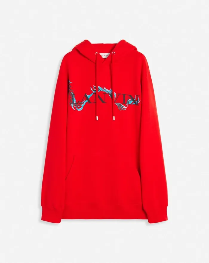 Men Lanvin Knitwear and Sweatshirts Unisex Dragon Print Loosefitting Hoodie Flame