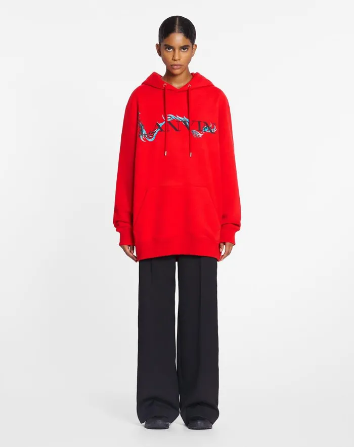 Men Lanvin Knitwear and Sweatshirts Unisex Dragon Print Loosefitting Hoodie Flame