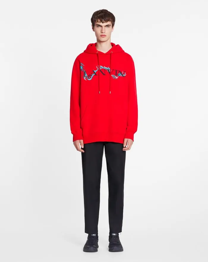 Men Lanvin Knitwear and Sweatshirts Unisex Dragon Print Loosefitting Hoodie Flame