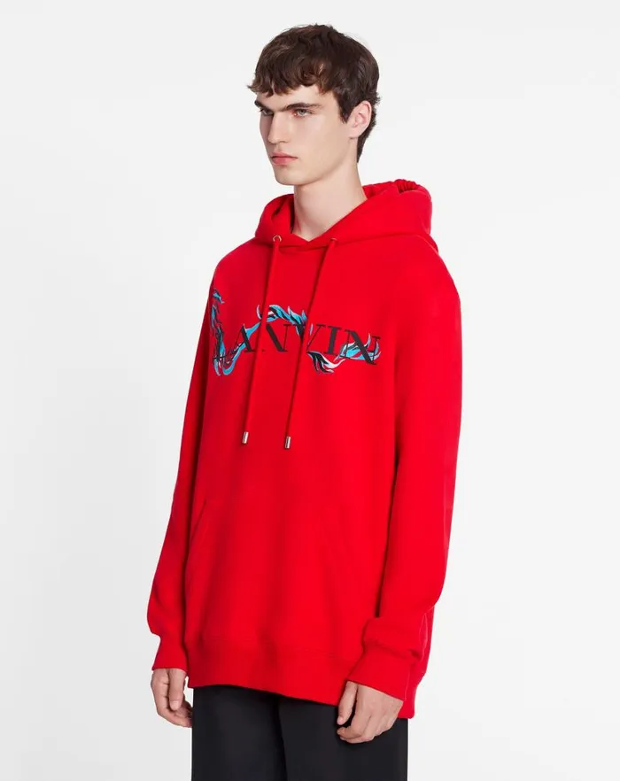Men Lanvin Knitwear and Sweatshirts Unisex Dragon Print Loosefitting Hoodie Flame