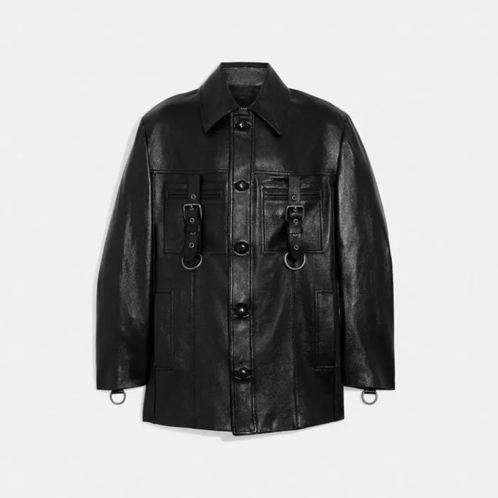 Men Leather Buckle Shirt Jacket Black Coach Jackets and Outerwear