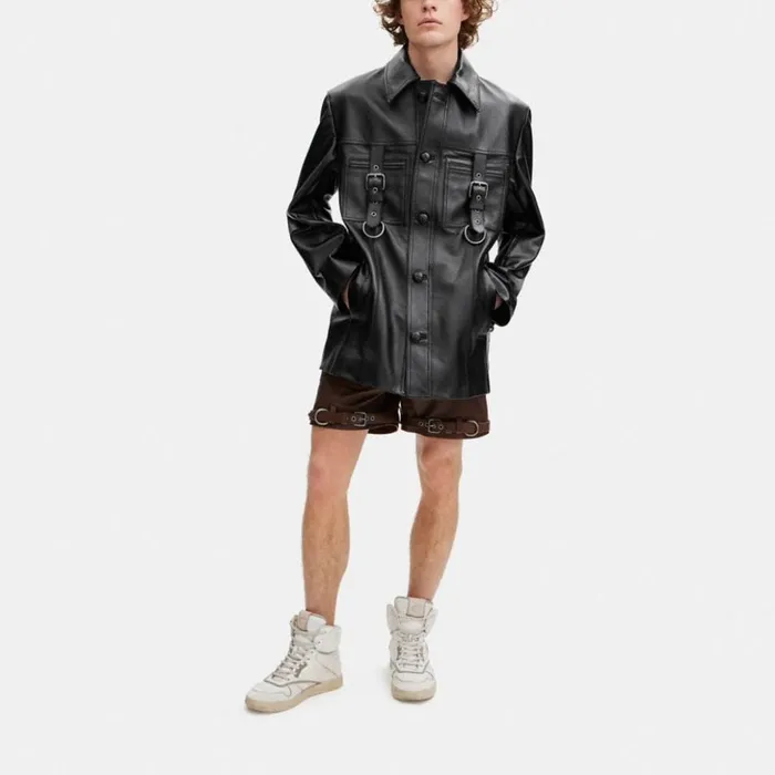 Men Leather Buckle Shirt Jacket Black Coach Jackets and Outerwear