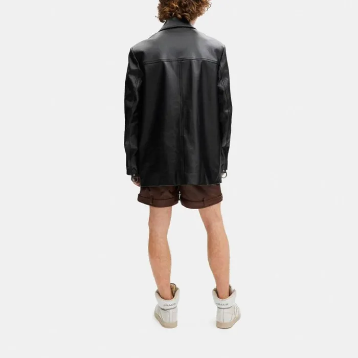 Men Leather Buckle Shirt Jacket Black Coach Jackets and Outerwear