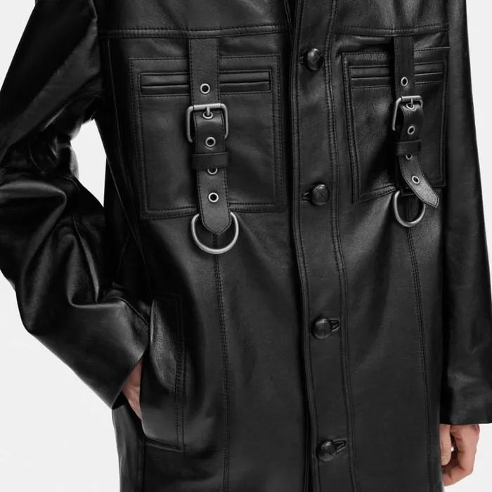 Men Leather Buckle Shirt Jacket Black Coach Jackets and Outerwear