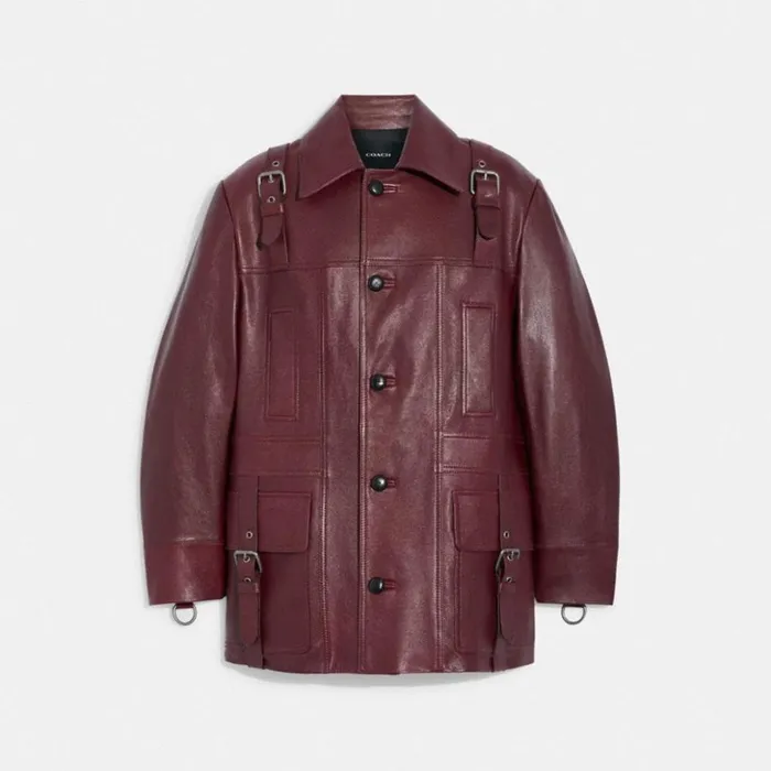 Men Leather Jacket Burgundy Coach Jackets and Outerwear