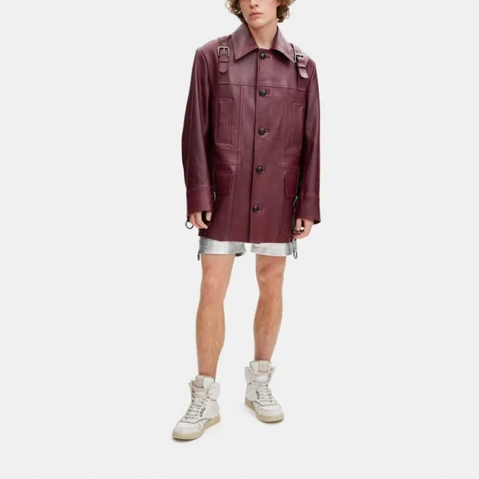 Men Leather Jacket Burgundy Coach Jackets and Outerwear