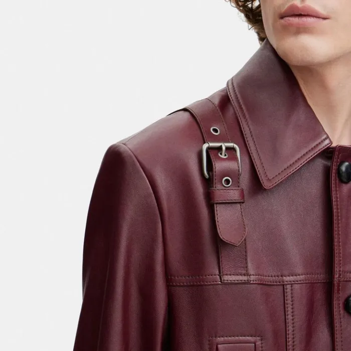 Men Leather Jacket Burgundy Coach Jackets and Outerwear