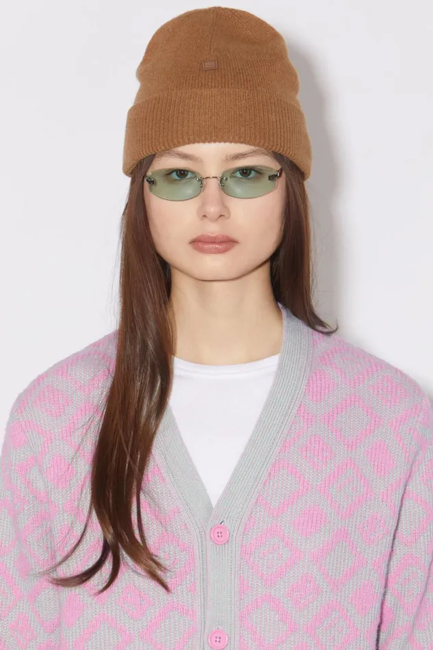 Men Micro Face Patch Beanie Toffee Brown Acne Studios Hats