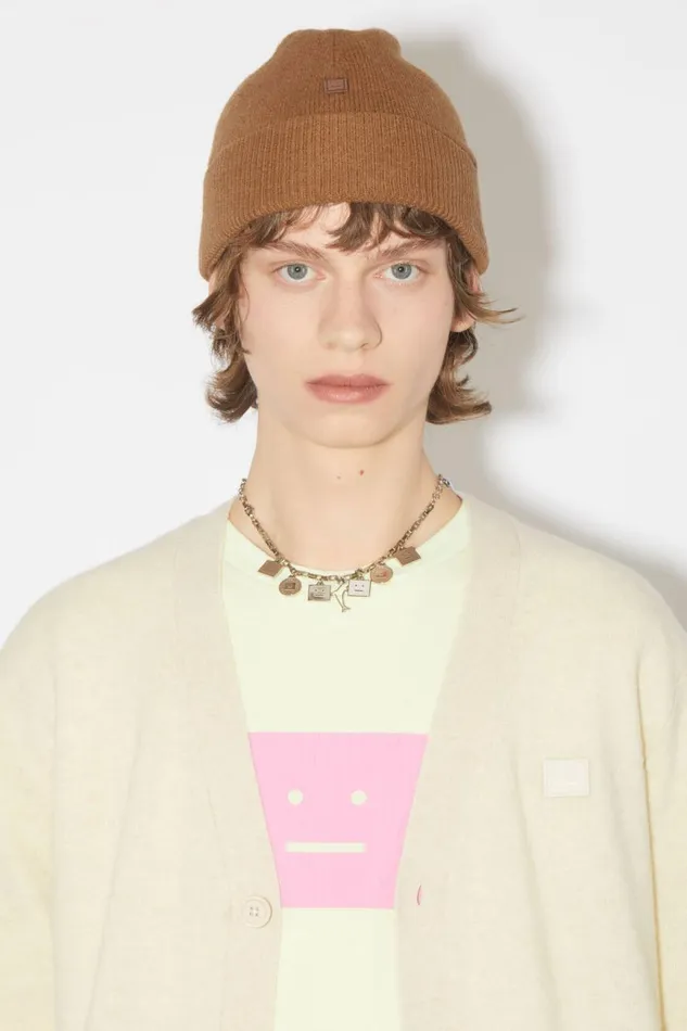 Men Micro Face Patch Beanie Toffee Brown Acne Studios Hats