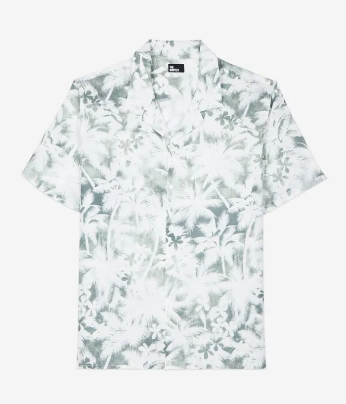 Men Shirts THE KOOPLES Light Green Palm Tree Print Short Sleeve Shirt
