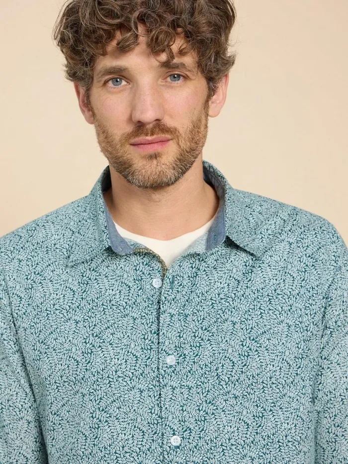 Men SHIRTS White Stuff Basil Leaf Printed Shirt Teal Print Men SHIRTS White Stuff Basil Leaf Printed Shirt Teal Print