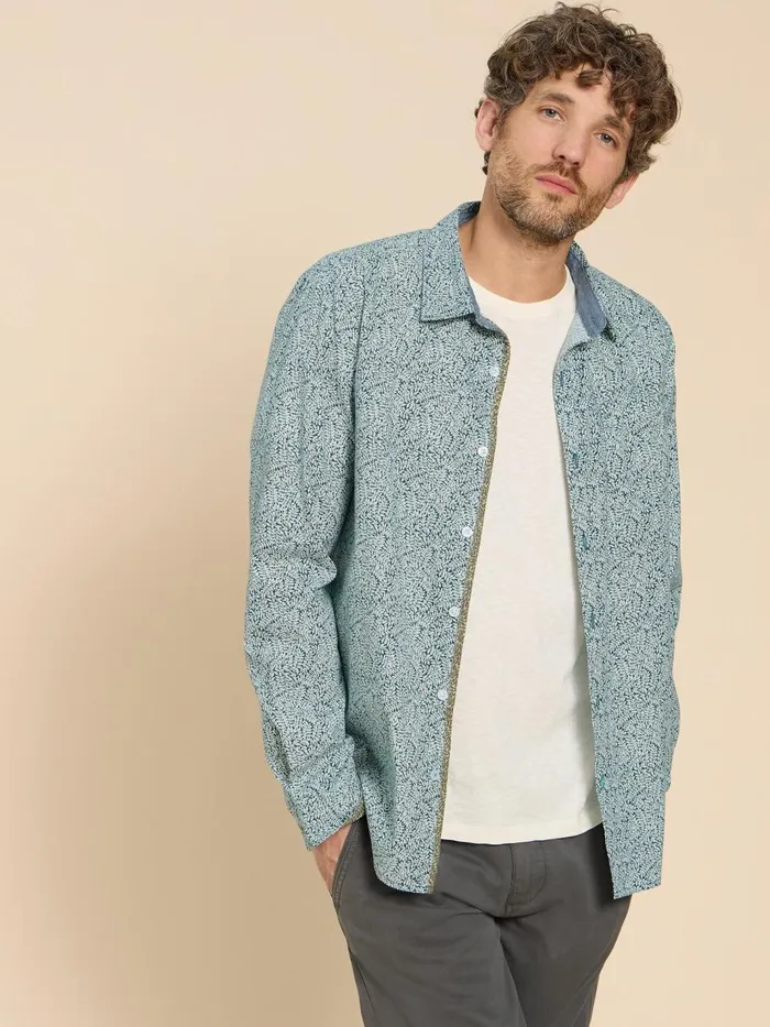 Men SHIRTS White Stuff Basil Leaf Printed Shirt Teal Print Men SHIRTS White Stuff Basil Leaf Printed Shirt Teal Print